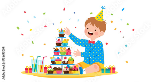 Joyful Celebration: A Young Birthday Boy is Celebrating His Special Day with Cupcakes