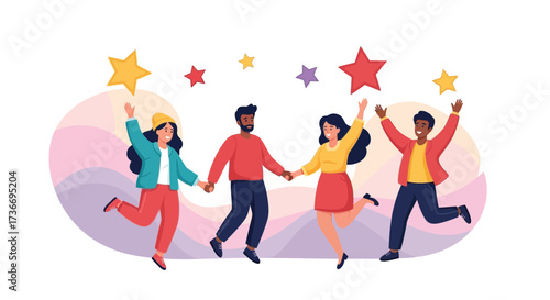 Joyful Celebration Of Friends, Holding Hands Under The Sparkling Stars Illustration