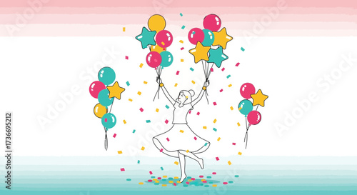 Joyful Celebration, Balloons, Confetti, Cheerful Woman, Happiness Vector Illustration