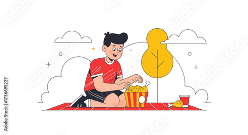 Joyful Character Enjoying Fried Chicken Picnic in a Peaceful Outdoor Setting