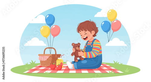 Joyful Child At Picnic Embraces Toy Bear Amidst Balloons And A Serene Landscape Setting