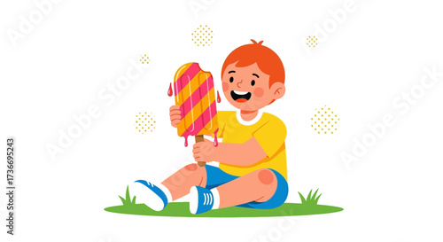 Joyful Child Biting Colorful Ice Cream Sitting on Grass on a Bright Summer Day