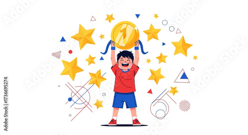 Joyful Child Celebrates Victory by Raising Gold Medal with Golden Stars Around