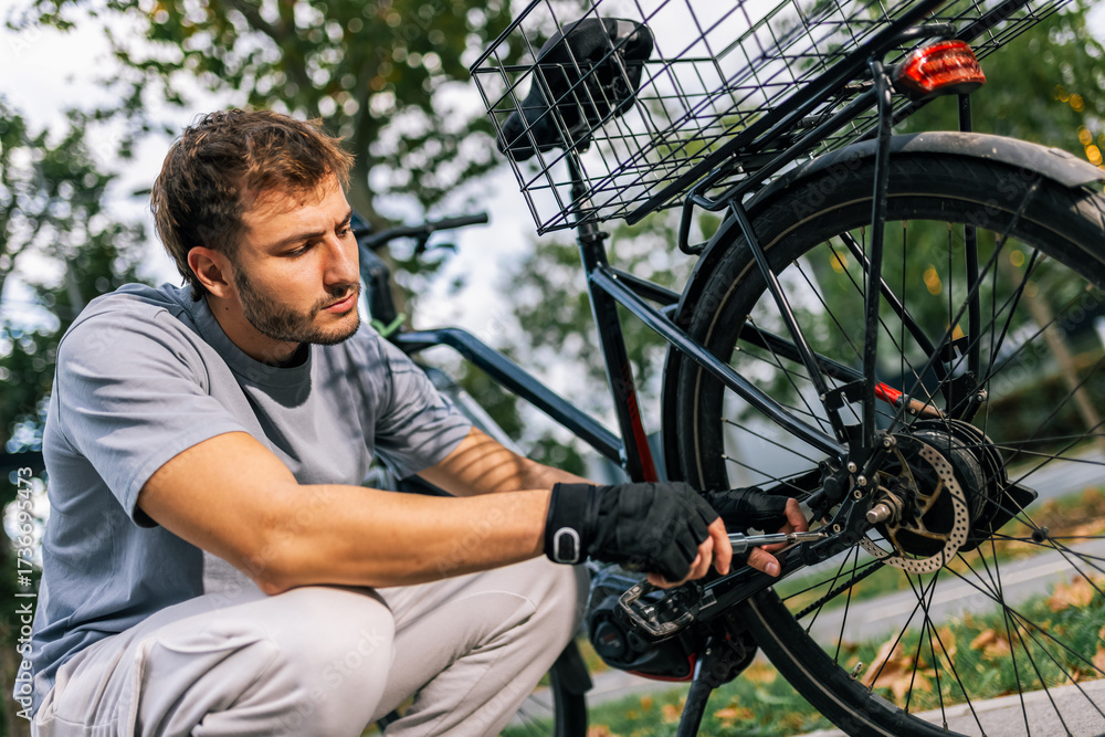 Obraz premium Young man fixes bicycle chain, concept of bike maintenance, repair, cycling, outdoor activity, urban mobility, healthy lifestyle, cycling mechanic.