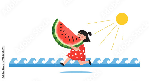 Joyful Child Embraces Summer Fun; A Vibrant Illustration of Watermelon and Sunlight.