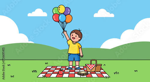 Joyful Child Embracing Colorful Air Balloons During Cheerful Picnic Experience