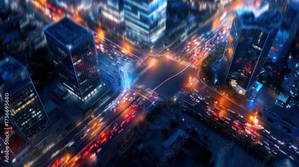 Obraz premium Aerial view of a bustling city intersection at night, showcasing vibrant traffic and illuminated buildings