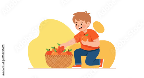 Joyful Child Harvesting Ripe Apples From Wicker Basket, Autumnal Scene Illustration
