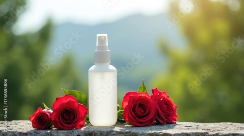 Clear glass spray bottle with rose water surrounded by red roses outdoors