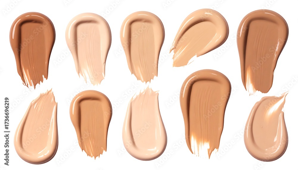 Fototapeta premium A variety of foundation shades are displayed in a clean, artistic arrangement against a pure white background.
