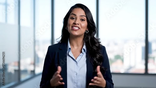A woman in a business suit is smiling and looking at the camera