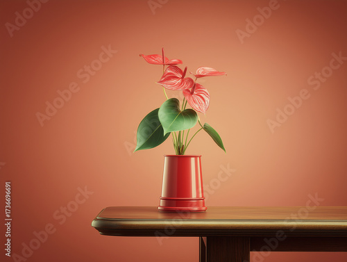 Elegant red anthurium flamingo flower in a sleek pot on a wood table