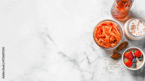 Selection of healthy probiotic foods and drinks on a white background