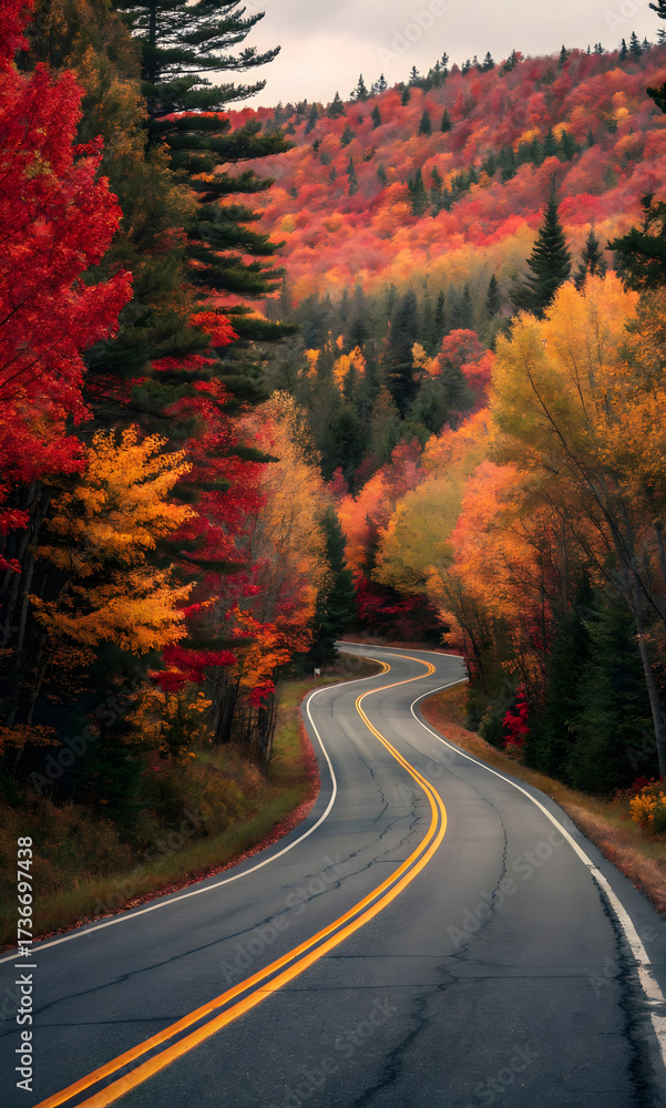 Fototapeta premium Winding asphalt road through vibrant autumn forest foliage fall trees