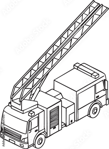 Isometric Fire Engine Silhouettes Outline Ladder Truck Emergency Vector Icon