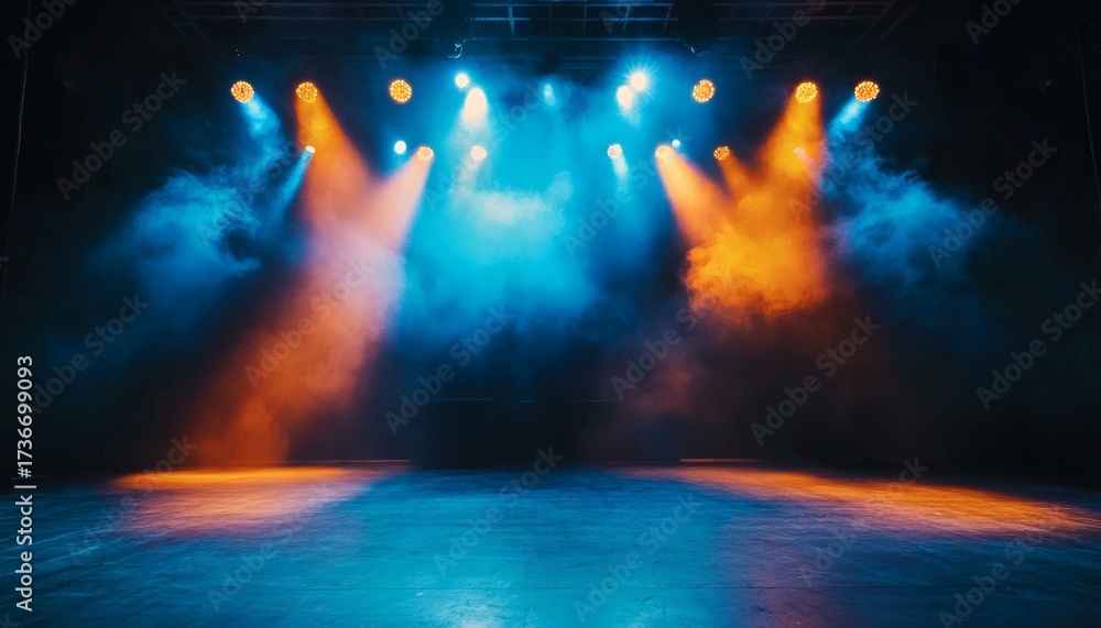 Fototapeta premium The image shows a dark stage illuminated by multiple spotlights casting blue and orange light through atmospheric smoke.