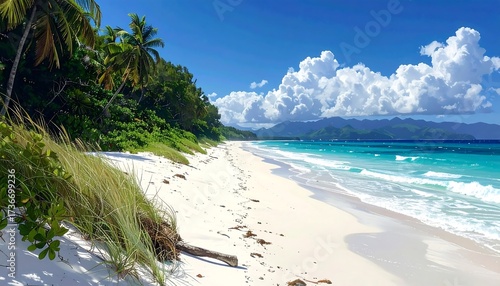 Fototapeta Naklejka Na Ścianę i Meble -  Pristine white sand beach stretches along a lush tropical coastline under a vibrant blue sky filled with puffy clouds.