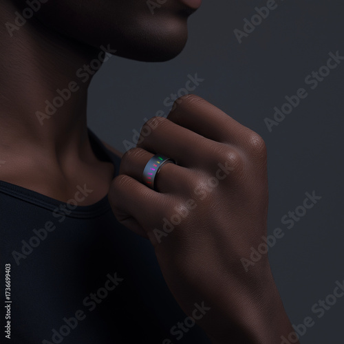 Sleek minimalist smart ring with an iridescent finish on a finger