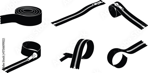 Black zippers, curved layout, coiled shape, silhouette style, sewing icons, fashion tools, minimal design, top view, tailoring, vector illustration