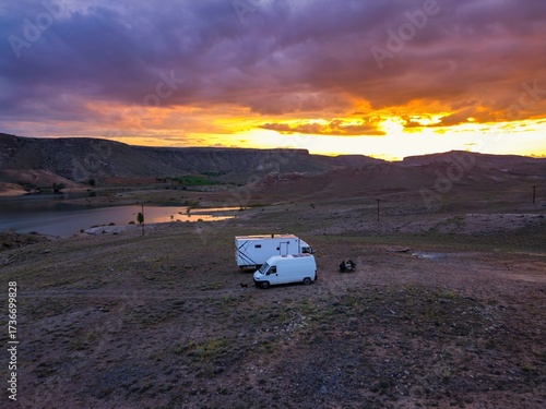 Scenic sunset over campervan in Turkey
