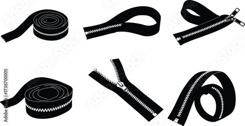 Black zippers, silhouette style, coiled shape, looped layout, unzipped motion, sewing icons, fashion tools, minimal design, top view, tailoring