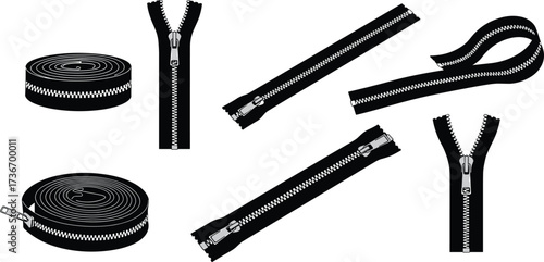 Black zippers, silhouette style, coiled shape, straight layout, Y unzip, sewing icons, fashion tools, minimal design, top view, tailoring