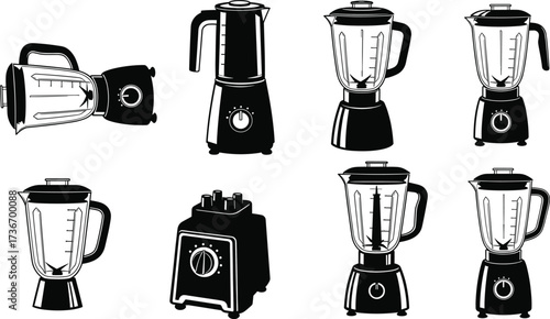 Blender silhouette icons, black vector set, kitchen appliance styles, control panel variations, cooking decor, home interior illustration pack