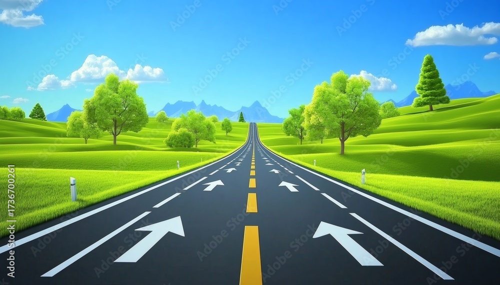 Fototapeta premium A long road with white directional arrows stretches ahead through a bright green field and lush trees towards distant blue mountains under a clear sky.