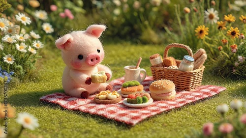 Adorable piglet enjoying a picnic in a vibrant flower filled meadow