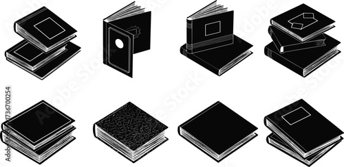 Book silhouette icons, black vector set, stacked, open, upright styles, geometric cover, layout design, reading material, publishing illustration pack
