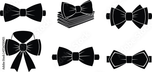 Bow tie silhouettes, black vector, fashion accessories, ribbon style, formal wear, minimal design, top view, elegant icons, wedding, decor