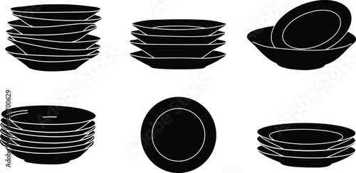Bowl and plate silhouette icons, black vector set, stacked dishware styles, kitchen decor, ceramic design, food prep illustration pack