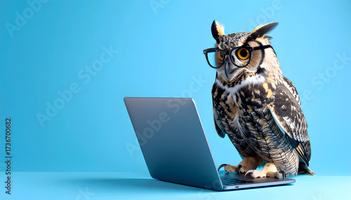 Smart Owl Wearing Glasses Intently Looking at a Laptop on a Blue Background