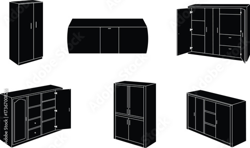 Cabinet silhouette icons, black vector set, wardrobe furniture styles, storage compartments, interior design elements, home decor illustration pack