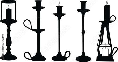 Candle holder silhouette icons, black vector set, lantern style, ornate base, glass enclosure, handle loop, vintage decor, illustration pack