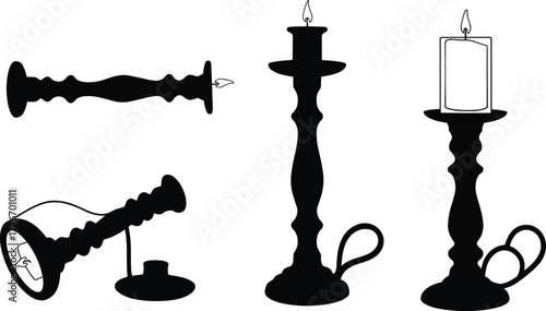 Candle holder silhouette icons, black vector set, lit candles, ornate base, horizontal, vertical styles, vintage decor, illustration pack