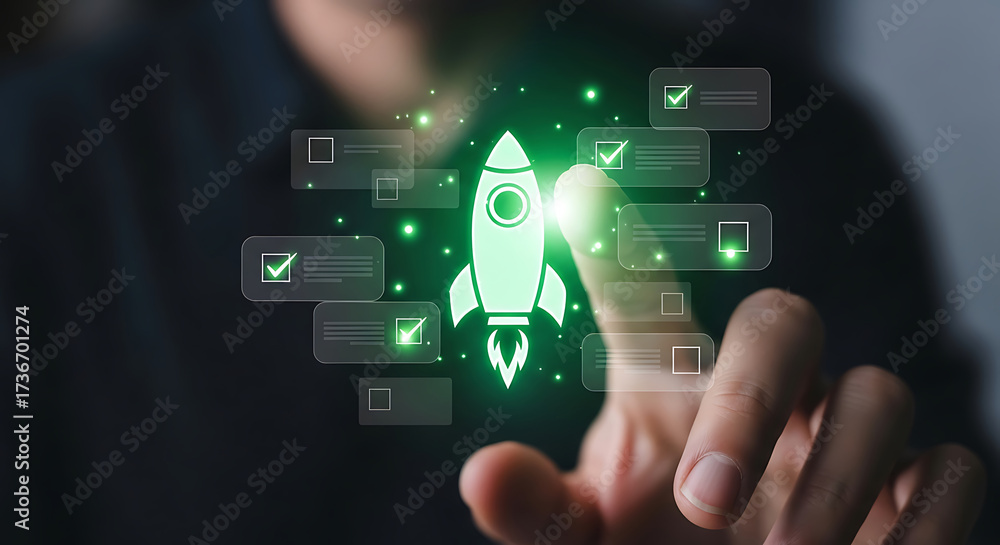 Obraz premium Businessman touching a glowing rocket ship hologram representing business startup growth