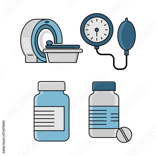 Medical Icons Illustrative set featuring an MRI machine, blood pressure monitor, and pills