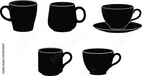 Coffee cup and mug silhouette icons, black vector set, saucer and handle styles, ceramic kitchenware design, food prep illustration pack