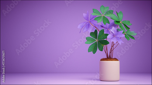 A beautiful purple shamrock oxalis plant in a pot on a purple backdrop