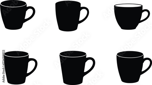 Coffee mug silhouette icons, black vector set, rounded and tall cup styles, ceramic kitchenware design, food prep decor, illustration pack