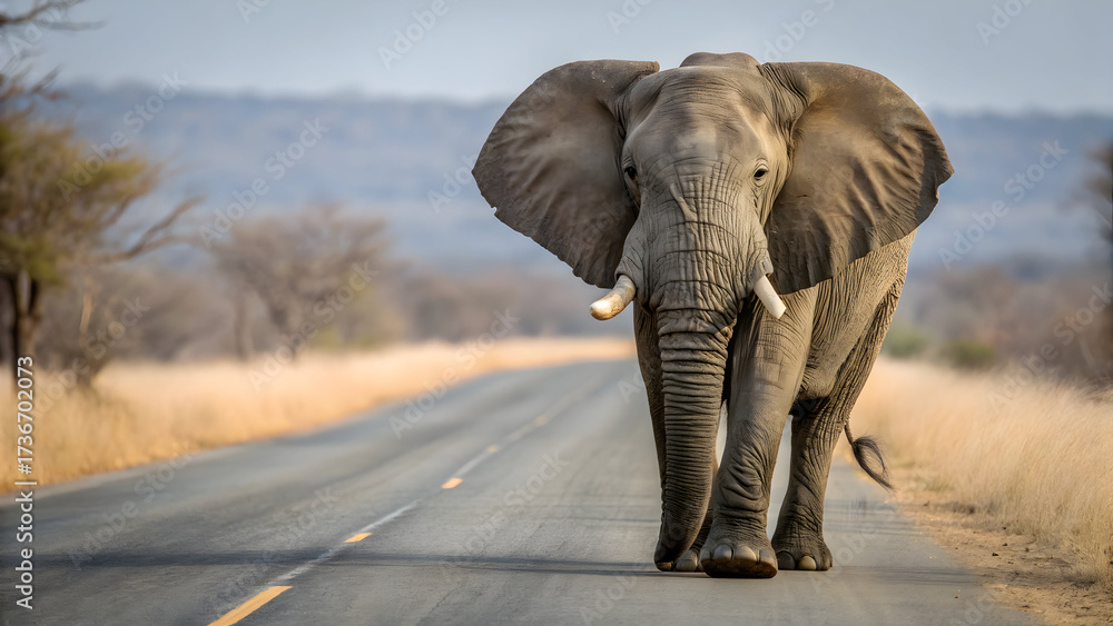 Obraz premium African elephant walks down a paved road in dry savanna landscape wildlife