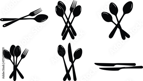 Cutlery silhouette icons, black vector set, spoon fork knife arrangements, kitchen utensil design, food prep decor, illustration pack