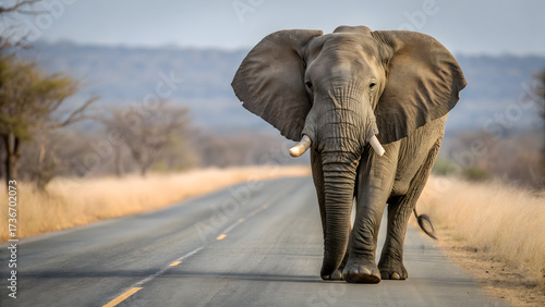 African elephant walks down a paved road in dry savanna landscape wildlife