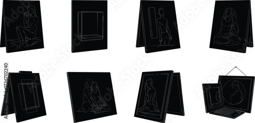 Figure panel silhouette icons, black vector set, seated, standing, comforting poses, display layout, emotional design, illustration pack, artwork concept
