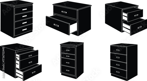 Filing cabinet silhouette icons, black vector set, open and closed drawers, office storage furniture, workplace organization, decor illustration pack
