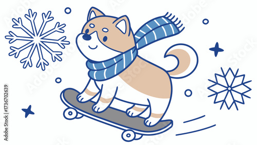 Cute Curious Shiba inu, accessorized with riding a skateboard, in a Cozy winter world – Frosty Winter palette vector