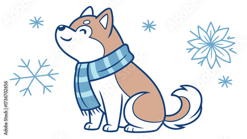 SVG art: A Happy Shiba inu in a Cozy winter vibe with with a scarf, tinted with Frosty Winter tones