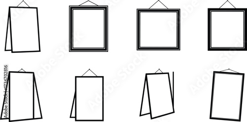 Hanging picture frame silhouette icons, black vector set, tilted, stacked, square, rectangular styles, layout design, wall decor, illustration pack