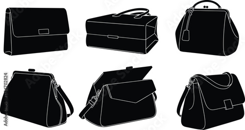 Handbag silhouettes, black vector, fashion accessories, flap closure, shoulder strap, top view, minimal design, purse icons, elegant style, retail